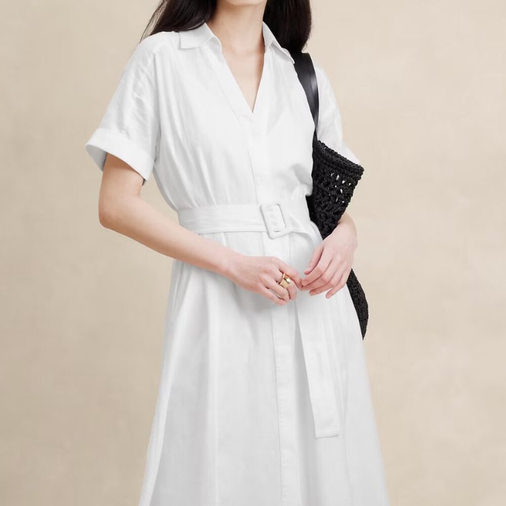 NWT: Black Linen-Blend Midi Shirtdress